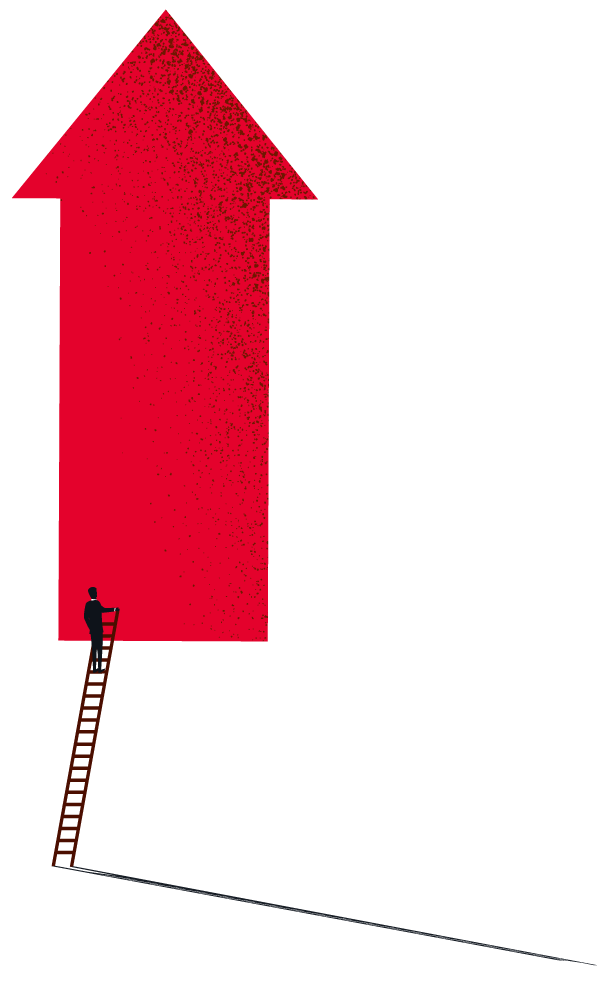 Freccia che indica verso l'alto con una persona alla base che la raggiunge su una scala